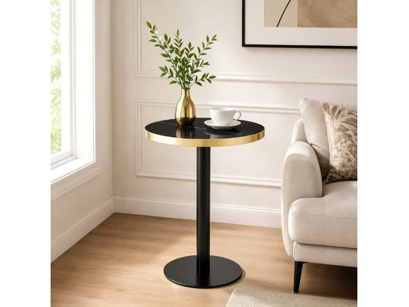  Table d’appoint ronde, 60 cm, table salon moderne table basse effet marbre, plateau mdf, piètement métal, coloris noir  - Conforama D