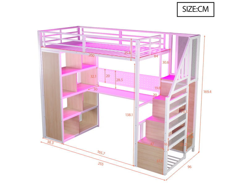Lit mezzanine enfant 90x200 cm avec led, bureau long, armoire, rangement, escalier, métal+bois, blanc sans matelas  - Conforama C