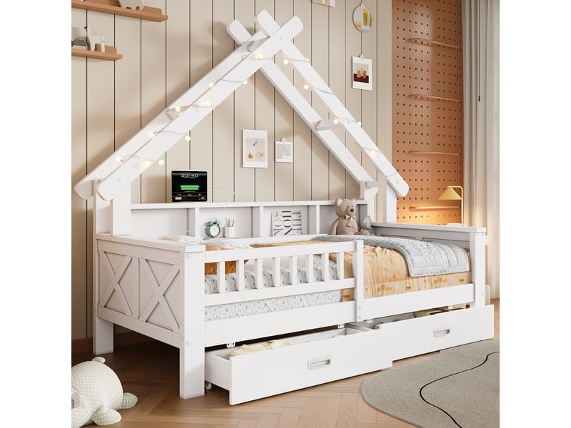  Lit cabane enfant simple 90×200 cm avec led, étagères et 2 tiroirs - okmyhome- blanc, sans matelas  - Conforama E