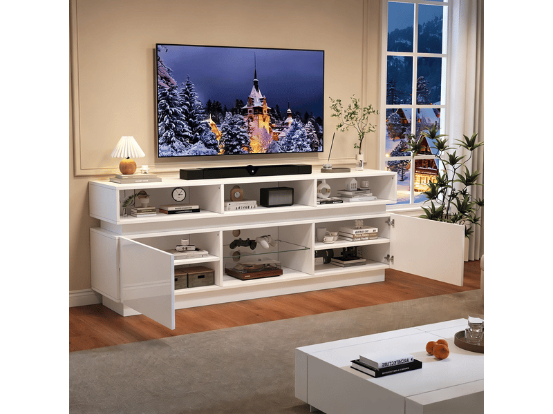  Meuble tv 160 cm blanc, led, finition brillante, verre trempé et 10 espaces de rangement Fay Lum - Conforama B