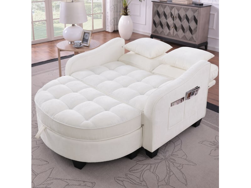  Canapé 1 place convertible 2-en-1 139,5x129,5x93 cm, pouf de rangement intégré, cadre en eucalyptus, chenille beige  - Conforama R