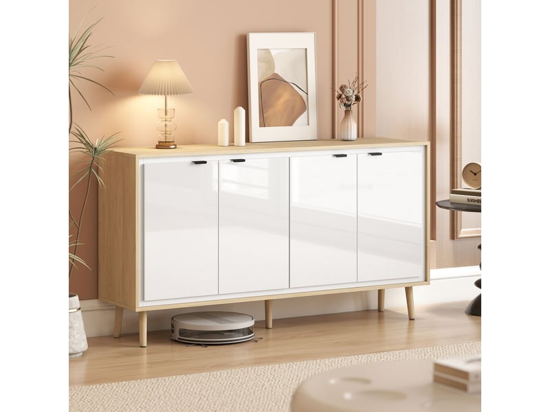 Buffet salon enfilade aosenyunzhou meuble de rangement 4 portes étagères réglables 141x35x77 cm blanc brillant et chêne T1003-01-12629 - Conforama E