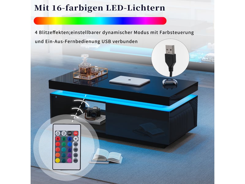  Table basse led 100x50x40 cm blanc brillant avec tiroir intégré — capacité 50 kg — salon moderne  - Conforama E