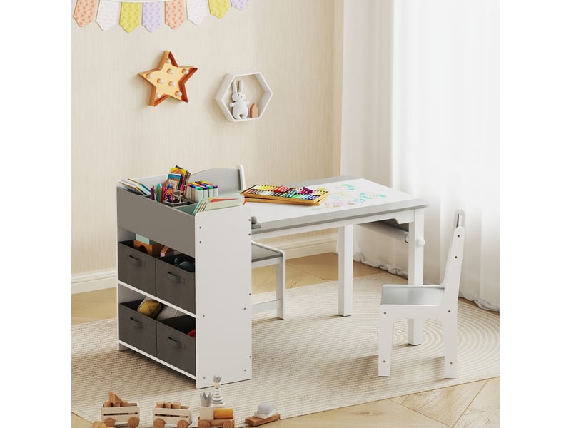  Ensemble table et 2 chaises enfant en bois avec rouleau de papier, étagères et tiroirs, gris, pour fille garçon 3-8 ans  - Conforama D