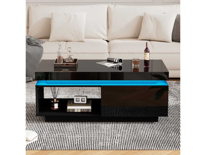  Table basse noire brillante avec éclairage led, 100x50x40,3 cm, table de salon moderne avec tiroir de rangement, charge 50 kg  - Conforama W