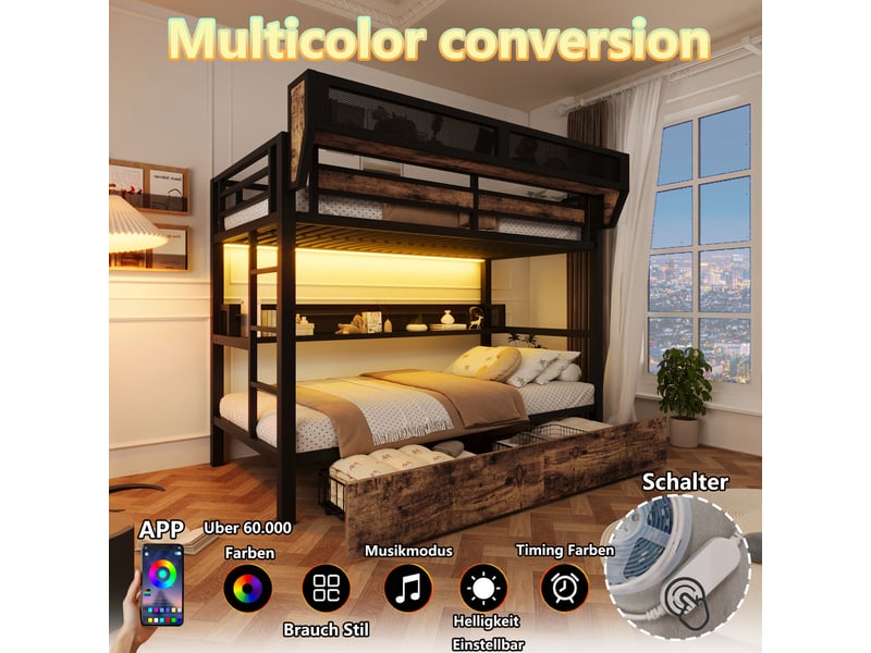  Lit superposé, 90 x 200 cm, sommier métallique, étagère, panier de rangement, 2 tiroirs métalliques, éclairage led, sans matelas, noir  - Conforama E