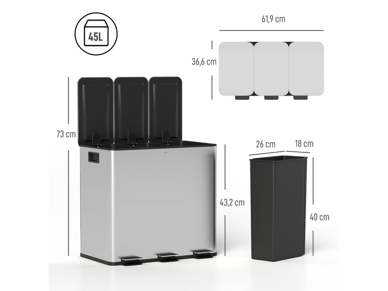  Poubelle de cuisine tri sélectif 3 compartiments en acier argent 61,9x36,6x43,2 cm  - Conforama C