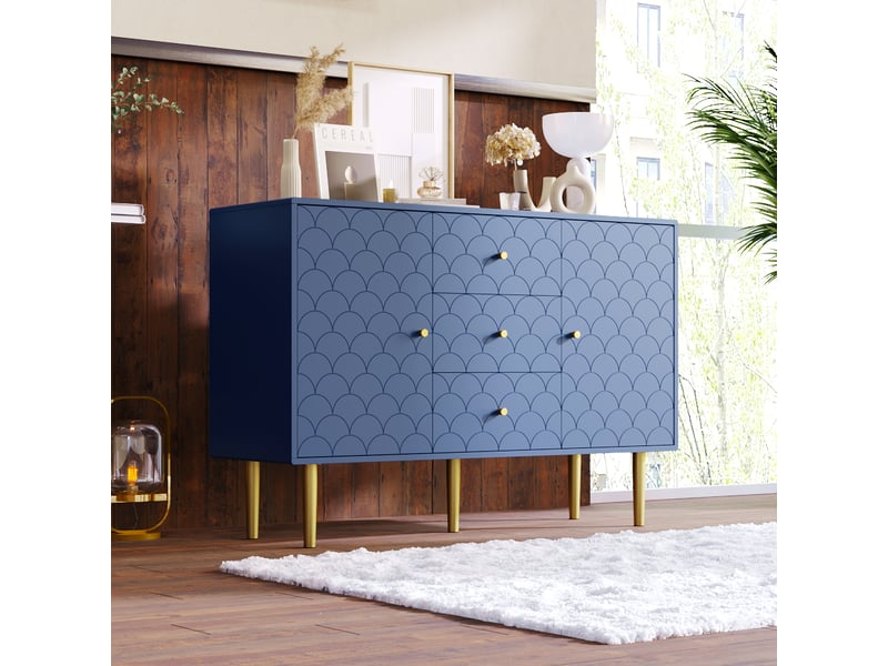  Buffet 120 x 40 x 83 cm 2 portes 3 tiroirs motif écailles, étagère réglable, panneau de particules + métal, bleu marine  - Conforama W