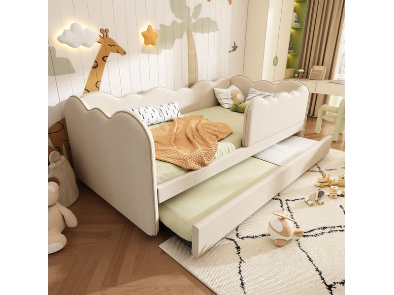  Modenvie lit gigogne enfant 90x190 cm - avec lit gigogne, dossier rembourré, sans matelas - beige  - Conforama B