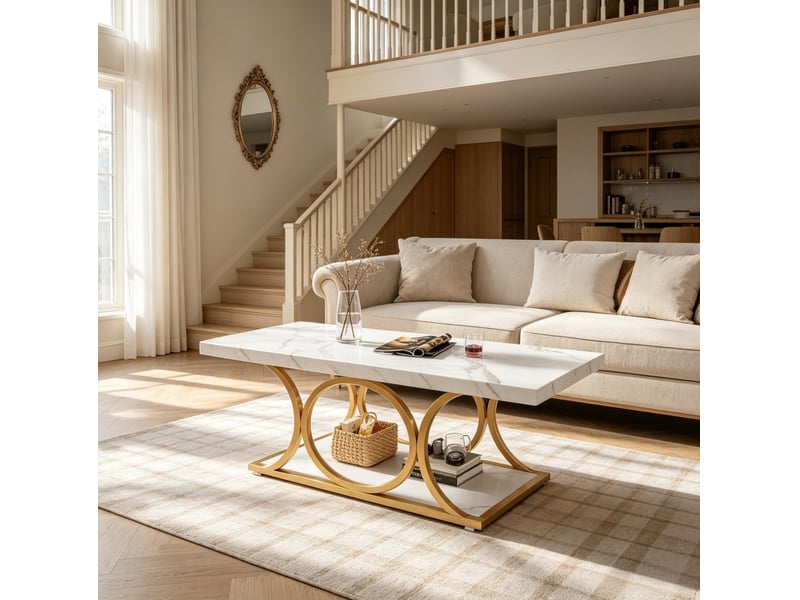  Table basse rectangulaire 2 niveaux blanche et dorée, effet marbre et métal, avec rangement pour le salon  - Conforama E