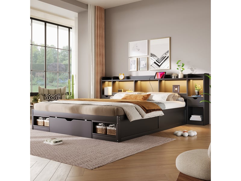 Lit plateforme noir 180 x 200 cm avec tête et pied de lit intégrant du rangement, 3 tiroirs, plusieurs compartiments, bandeau led et port usb - Conforama B
