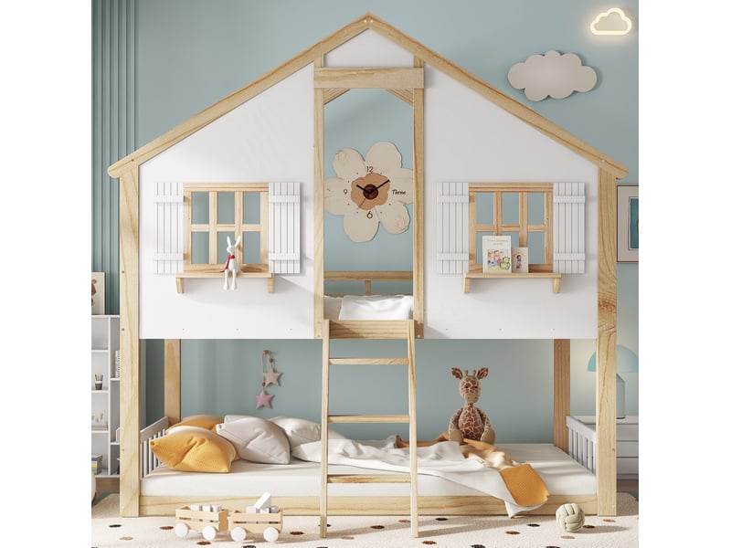  Lit superposé enfant cabane 90x200 cm blanc et naturel, pin et mdf  - Conforama D
