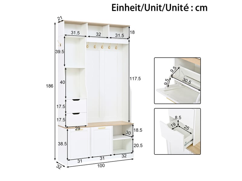  Vestiaire entrée avec meuble chaussures basculant, banc, patères métal et éclairage led piloté par appli, 103x32x186cm, blanc  - Conforama C