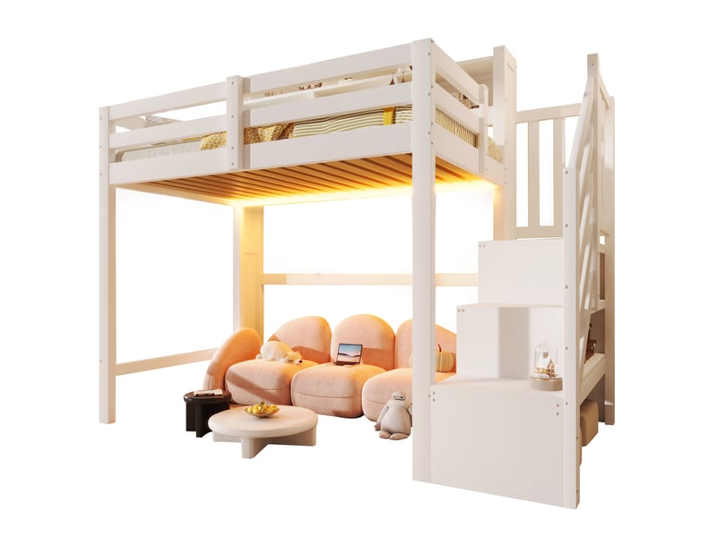  Lit mezzanine enfant 90 x 200 cm avec led, escalier de rangement et étagères, blanc  - Conforama A