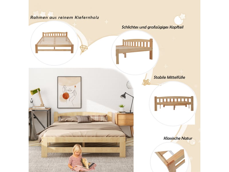  Lit double en bois massif 140x200 cm, naturel, avec tête de lit, lattes et pied central, cadre solide pour adulte  - Conforama E