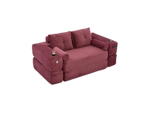 Canapé convertible modulable 2 places en velours côtelé rouge bordeaux, poches et porte-gobelets
