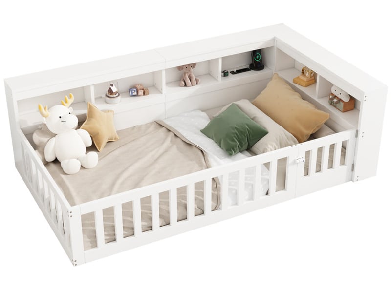 Lit Enfant En Bois Luonians Avec Chargement Sans Fil & Ports USB - 90x200 Cm - Tiroirs Et Rangements Intégrés - Cadre Lit Avec Sommier à Lattes (Naturel)