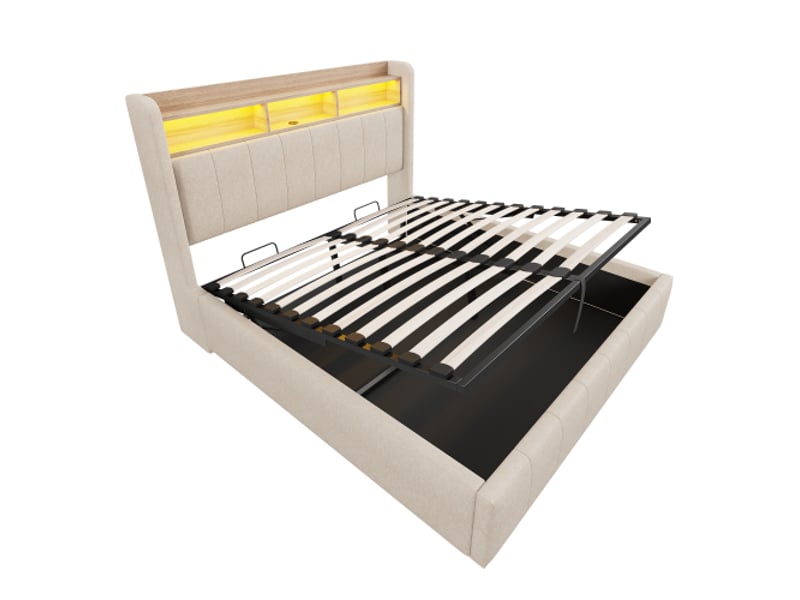 Lit rembourré 160 x 200 cm avec éclairage led et prise usb, tête de lit avec étagères et espace de rangement, mécanisme de levage hydraulique, lit double pour adultes, tissu lin beige - Conforama D