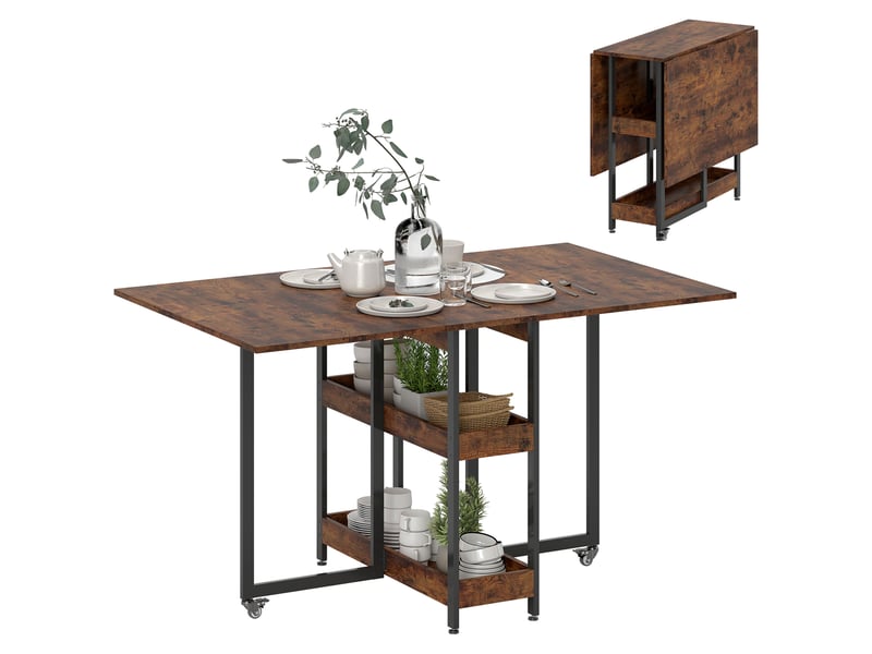  Table de salle à manger pliante de style industriel, pour 4 personnes maximum, étagères ouvertes, modulable, métal et panneaux de particules, marron  - Conforama A