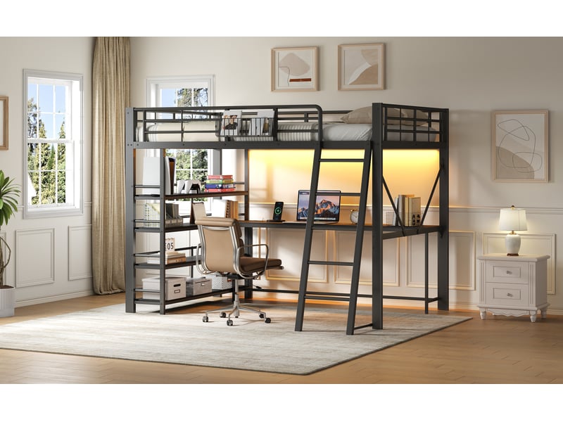  Lit mezzanine double 140×200 cm bureau, led réglable et usb  - sans matelas métal mdf noir  - Conforama E
