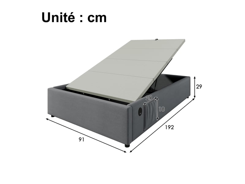  Lit coffre 90x190 cm - lit simple avec coffre de rangement et port usb-c, structure bois et coton, gris, sans tête de lit  - Conforama C