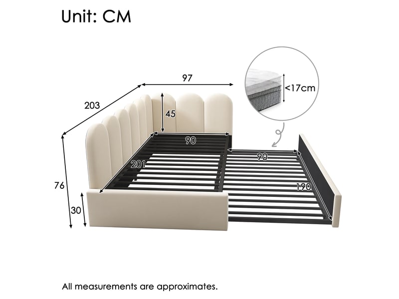 Lit gigogne 90x200 cm avec lit secondaire 90x190 cm - gain de place pour enfant - velours beige - sans matelas - Conforama E