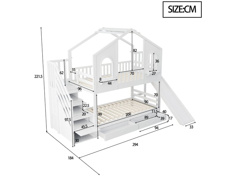  Lit superposé enfant 2x90x200 cm cabane avec toboggan rangements tiroirs, mdf, bois et blanc sans matelas  - Conforama C