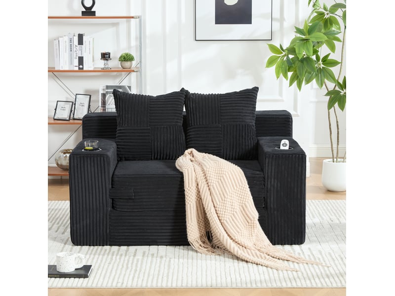 Canapé-lit 2 places en velours côtelé noir avec coussins et porte-gobelets - Conforama D