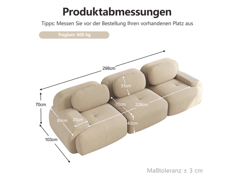 Canapé modulable 3 places modenvie sans cadre 298 x 103 x 70 cm velours côtelé beige - Conforama C