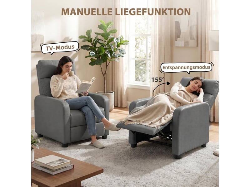  Fauteuil relax - fauteuil inclinable avec dossier inclinable et repose-pieds, fauteuil tv en cuir pu gris  - Conforama E