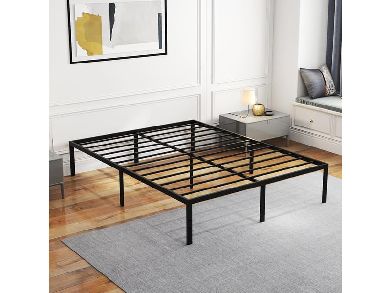 Costway cadre de lit 160x200 cm, lit 2 personnes, lit double hauteur 36 cm avec rangement sous le lit, cadre de lit plateforme en métal, montage facile, noir  - Conforama B