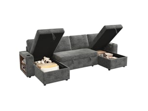 Canapé d'angle panoramique fixe OKWISH  4 places Tissu gris avec coffre de rangement