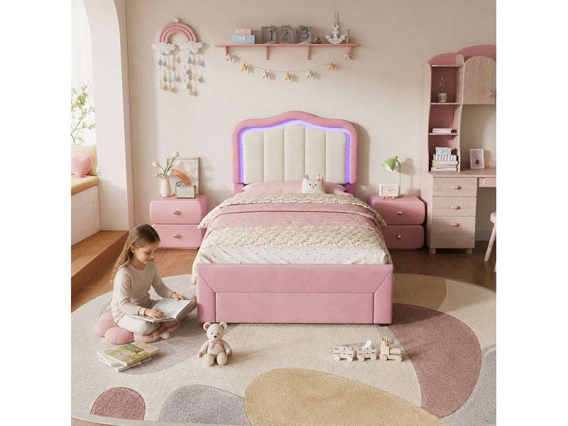  Lit enfant 90x200 cm, lit simple avec 1 tiroir et éclairage led couleur rose et blanc sans matelas, design moderne  - Conforama D