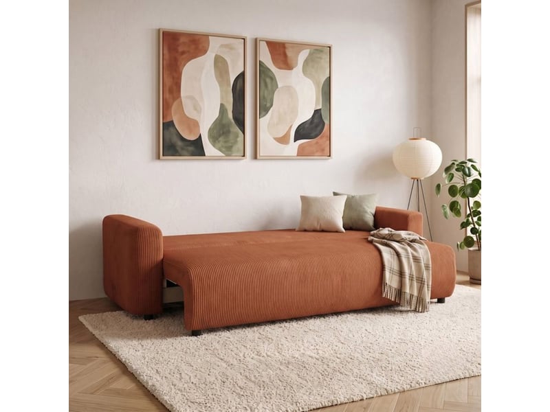  Canape convertible 3 places pharell 2 velours cotelé terracotta avec coffre de rangement 228x97x88 cm B007894 - Conforama C