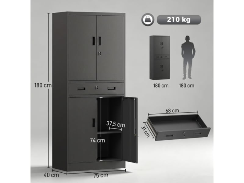 Armoire métallique 180 cm avec portes verrouillables, tiroir et étagères réglables, meuble de rangement noir pour atelier - Conforama D