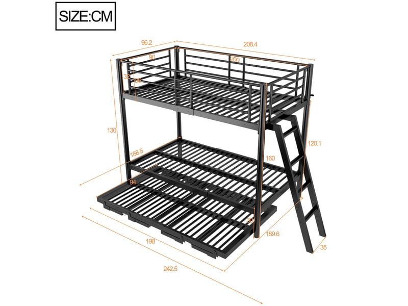  Lit superposé enfant 90x200 avec couchage inférieur extensible noir evryae  - Conforama E