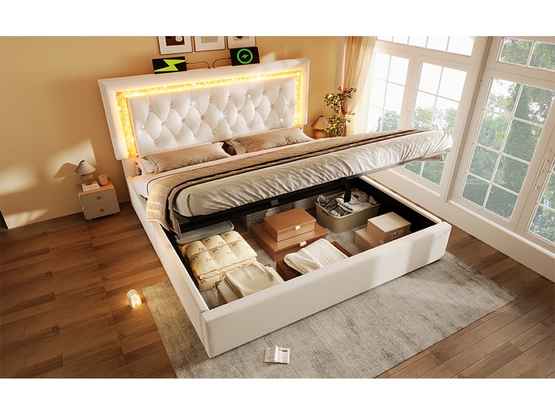 Lit coffre 160x200 cm en velours avec tête de lit led, rangements intégrés, coffre hydraulique et matelas inclus - Conforama D