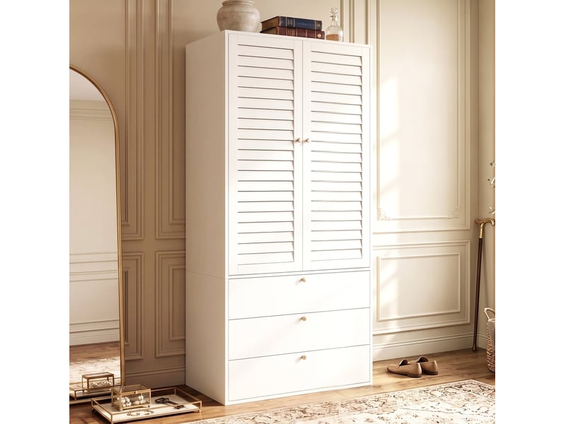 Armoire 2 portes 90 x 50 x 200 cm – blanc – tringle penderie et 3 tiroirs, style moderne pour chambre - Conforama E
