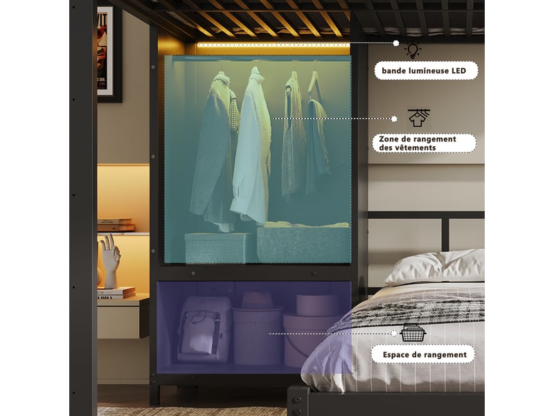 Lit superposé 120x200 cm - avec éclairage led - en metal & wood - noir CARDUME ESTIVAL - Conforama D