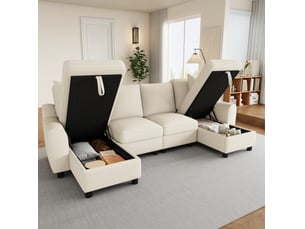 Canapé modulable panoramique fixe <strong>FLORAGRACE</strong> <strong></strong> 4 places Tissu beige avec coffre de rangement