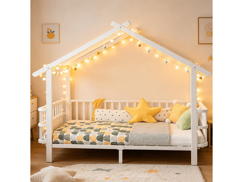  Lit simple 90x200 cm, lit enfant, barrière antichute, forme maison, métal blanc  - Conforama E