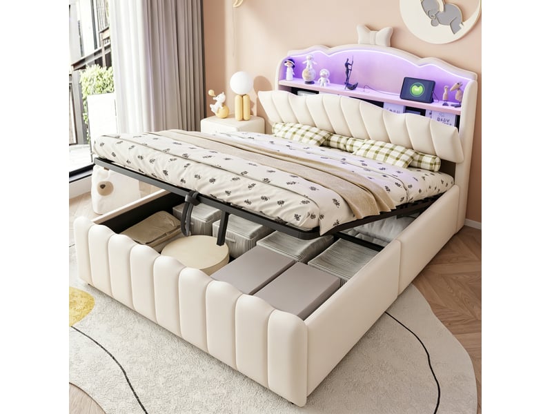  Lit coffre enfant modenvie 140 x 200 cm avec tête de lit à rangement, led multicolore, ports usb et usb-c, velours beige  - Conforama B