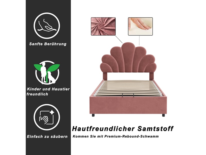 Lit coffre enfant 90x200 cm, espace de rangement, tête de lit réglable, sommier, velours rose foncé, sans matelas - Conforama D