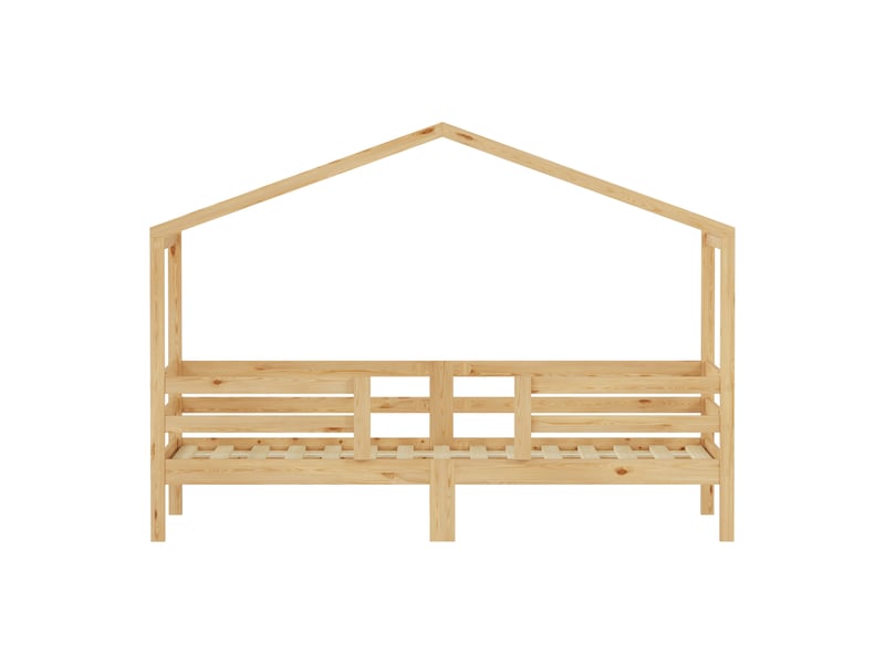  Lit cabane enfant naturel 90x200 cm en pin massif avec toit et barrières de sécurité  - Conforama A