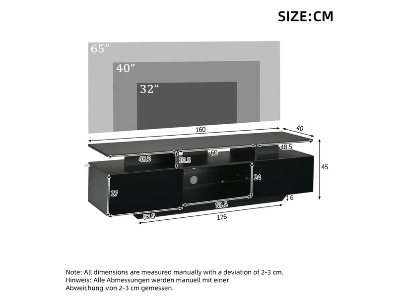  Meuble tv bas 160 cm, finition noir, meuble de salon brillant, 2 portes, avec éclairage led  - Conforama C