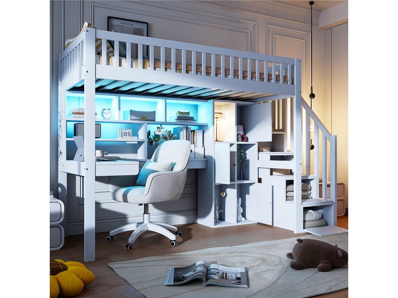  Lit surélevé 90*200cm blanc, led, échelle rangeante, étagères, bureau, sans matelas, structure en pin  - Conforama C