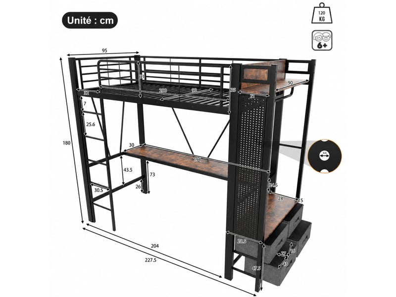  Lit mezzanine, lit simple avec bureau, 4 tiroirs, étagères, usb, type-c et led, 200x90 cm, sans matelas, noir  - Conforama D