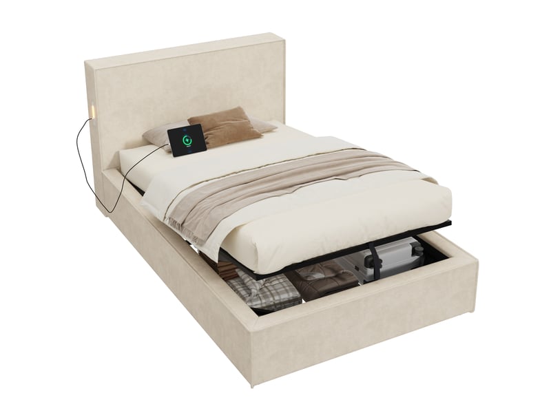  Lit coffre 90x200 cm, lit simple enfant avec sommier, chenille beige, sans matelas  - Conforama A