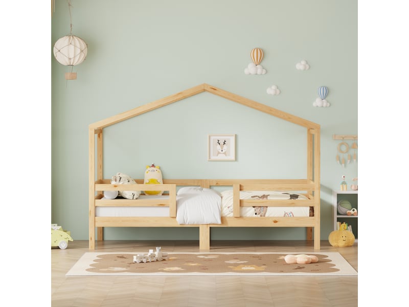  Lit cabane 90x200 cm, structure en pin massif, coloris naturel, ports usb et usb-c, garde-corps, design cabane, sommier à lattes inclus  - Conforama D