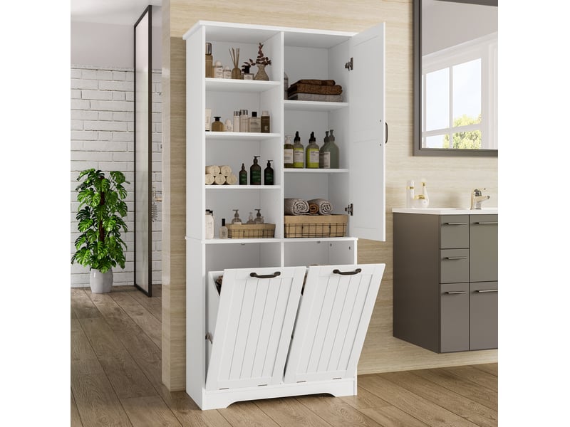  Armoire de salle de bains blanche en mdf avec 2 paniers à linge, rangements ouverts et étagères réglables  - Conforama B